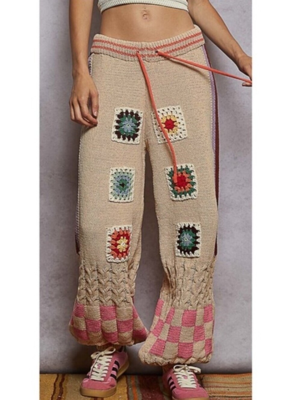 POL New Tan Chenille Granny Square Joggers